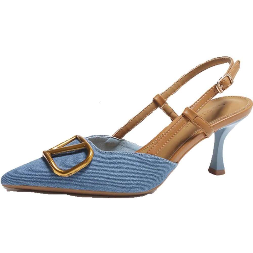 Korean Style High-End Elegant Pointed Toe Stiletto Heels Spring And Autumn New Stunning Temperament Versatile Denim Fabric High Heel Sandals