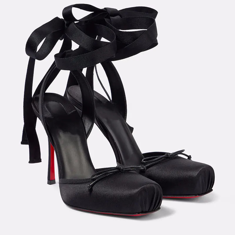 European and American Niche Highheeled Square Toe Ankle Strap Satin Bow Ballet Cap Red Sole Plus Size Womens Sandals 260428