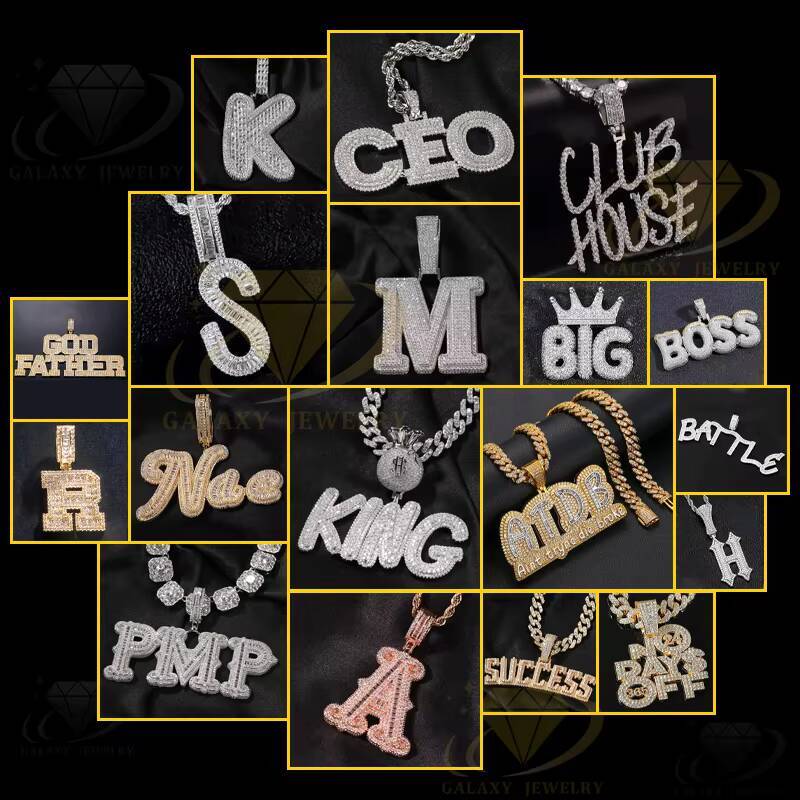 New Design Gold Plated Moissanite Letter Pendants Baguette Cut Iced Out Diamond 925 Silver Hip Hop Letters Pendant Necklace