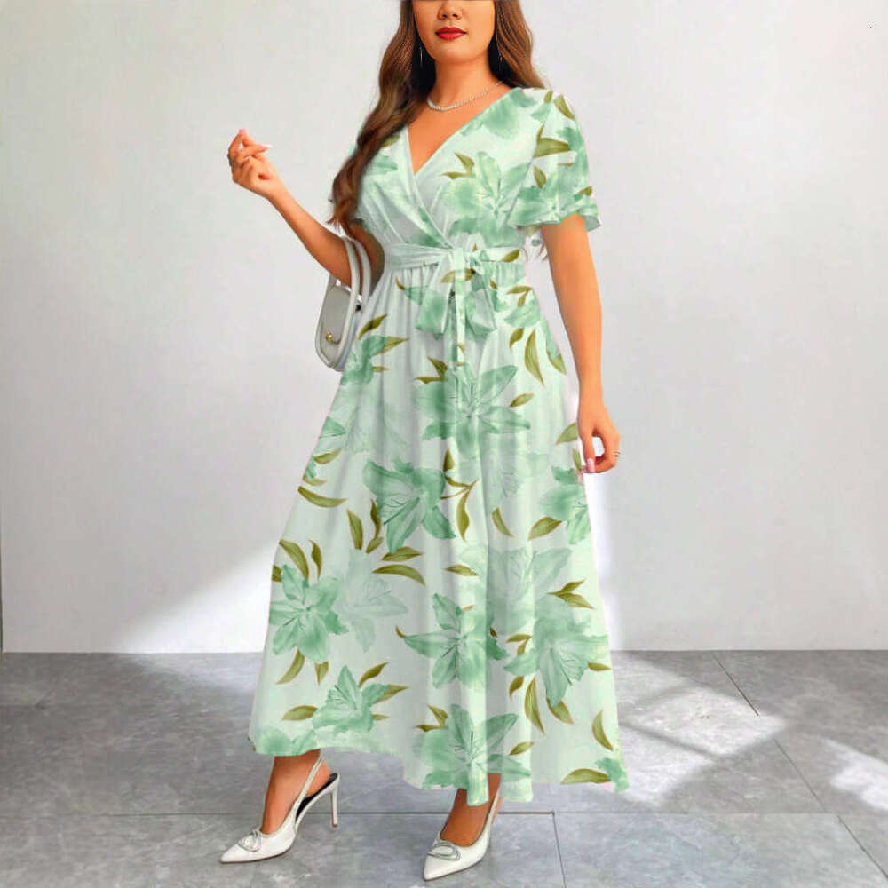 Niche Designer Luxury New Arrival Women V Neck Printed Short Sleeve Dress, Casual Vacation Loose Elegant Dress, All Colors Sizes In StockMAKOUFEI