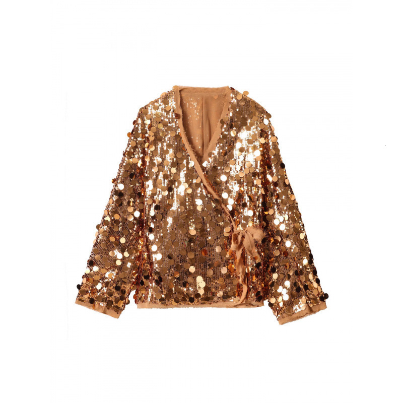 Fashion Sequins Womens Lace Up Coat Glitter Street Vneck Female Jacket Long Sleeve Loose Autumn Holiday Party Lady Tops 250828
