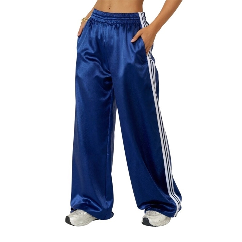 Womens Satin Wide Leg Track Pants Side Stripe Elastic Waist Casual Streetwear Trousers for Daily Fashion 260428