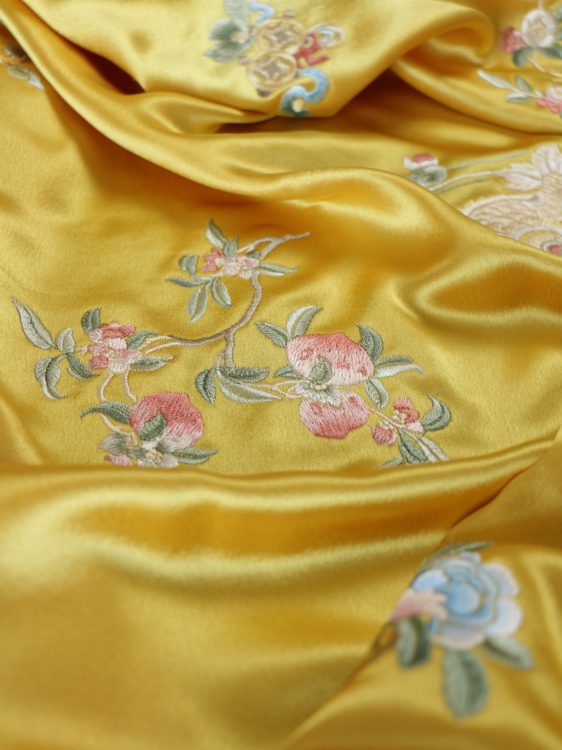 Retro Original Pattern, Skin-Friendly & Soft, Golden Fortune & Jade Peony Embroidered Acetate Satin, Chinese Style Fabric