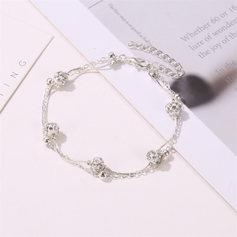 Designer European and American Niche Double Layer Anklet Shamballa Diamond Ball Crystal Anklet for Women Multi-layer Simple Alloy Beach Foot Jewelry