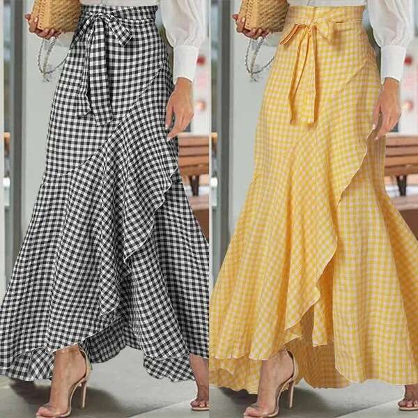 New European American Women Plaid Mermaid Skirt, High Waist Ruffled Irregular Hem, Ruffle Trim Umbrella Wrap Casual Elegant Long Maxi Skirt MAKOUFEI