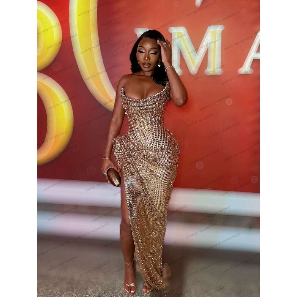 Luxury Rose Gold Mermaid Evening Dresses For Black Girls 2026 Rhinestones Bustier Corset Prom Dress Side Slit Exquisite Party Gowns Customized BC22858