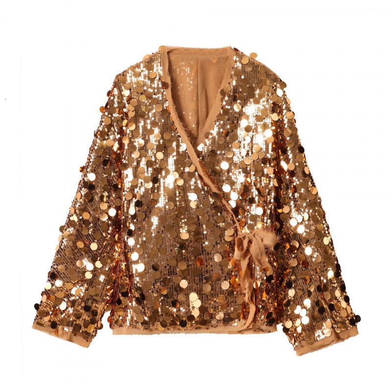 Fashion Sequins Womens Lace Up Coat Glitter Street Vneck Female Jacket Long Sleeve Loose Autumn Holiday Party Lady Tops 250828