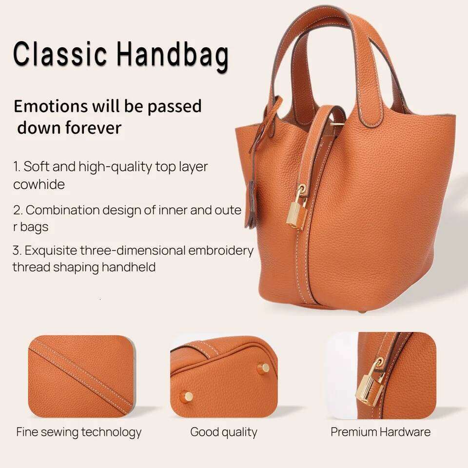 Casual Fashion Women Luxury Bucket Tote Bag, High End Genuine Cow Leather Mommy Handbag, Retro Metal Lock Daily Office Travel Shoulder Crossbody Bag S