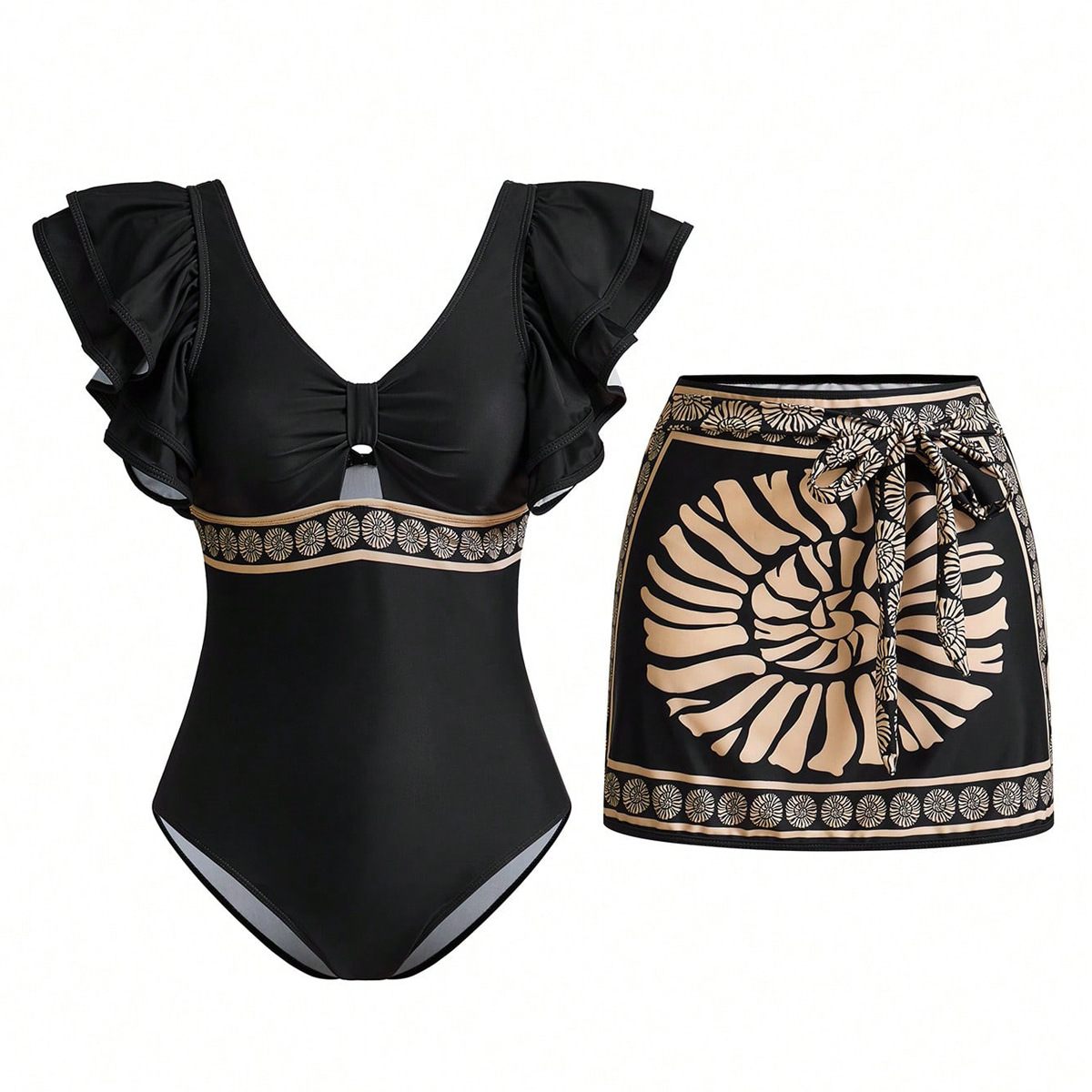 Ruffle Sexy Backless One-piece Swimsuit with Skirt, Women's 2-Piece Solid Color Foreign Trade Swimwear