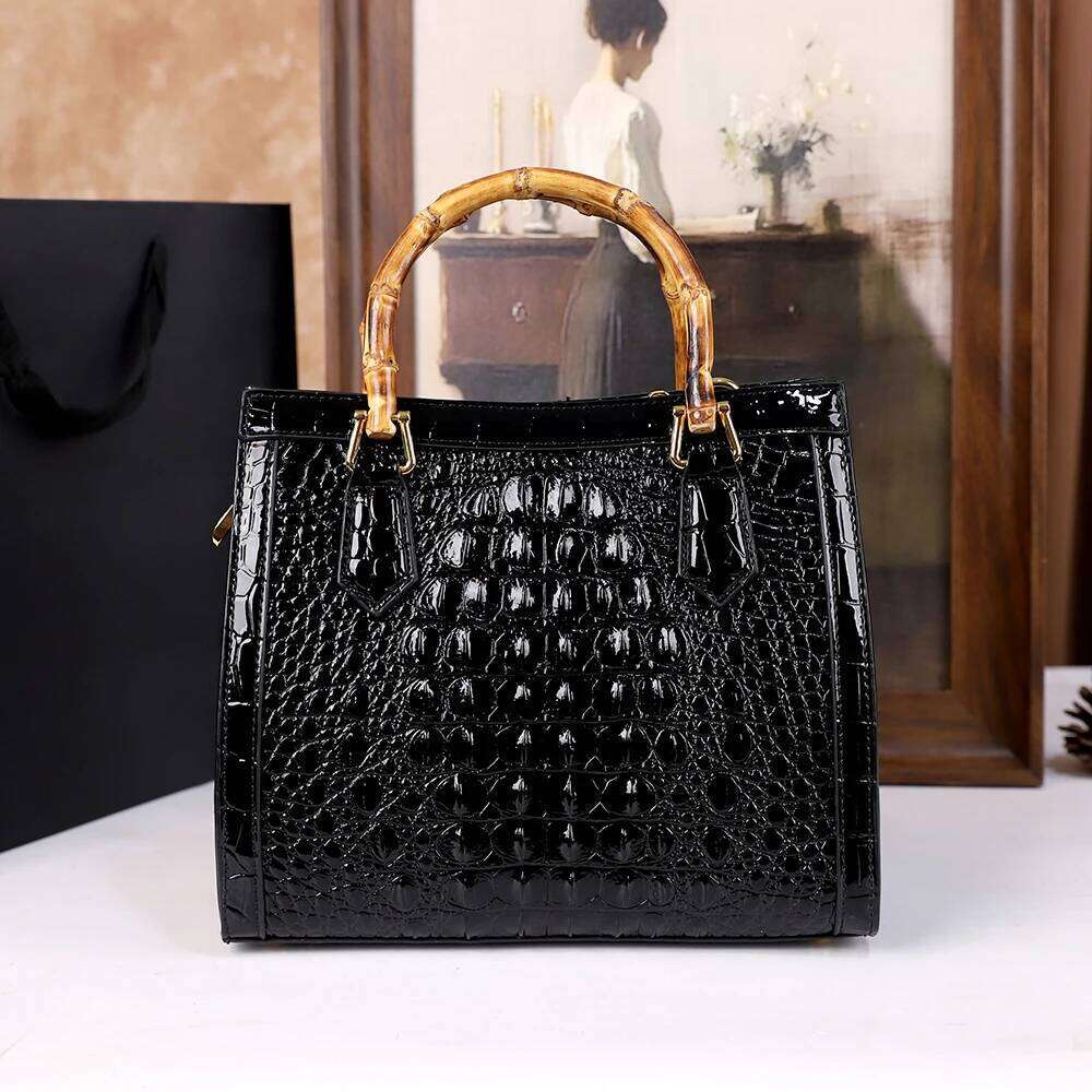 New Crocodile Patterned Middle Aged Mom Bag, Genuine Leather Bamboo Joint Handle Handbag, High End Luxury Single Shoulder Crossbody Bag SENYY