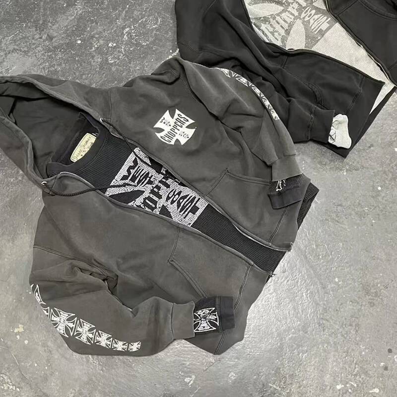 West Coast Choppers Zipper Hoodie Real Photo Men Women Street Cross Letter Print Hooded Sweatshirt