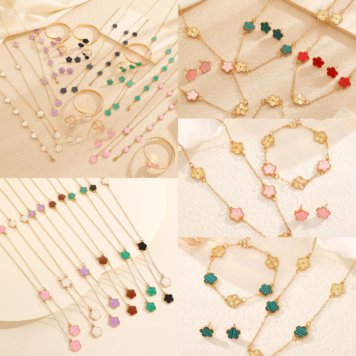 Designer European and American Cross-Border Hot-Selling Lucky Flower Jewelry Set Five-Leaf Clover Bracelet Earrings Necklace Ring Women's Accesso