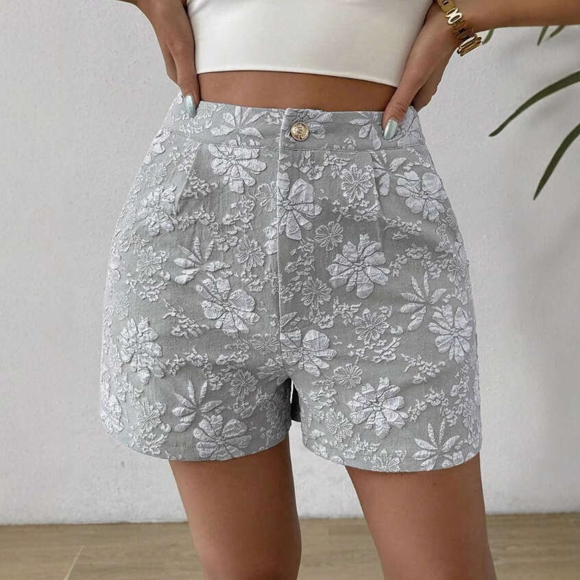 New Summer Women Textured Jacquard Straight Shorts, Elegant High Waist Casual Office Daily Solid Short Pants for Independent Cross-border Store MAKOUF