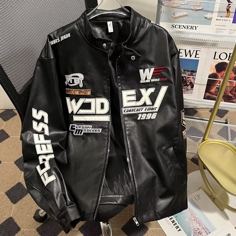 American fashion PU leather flame racing element embroidered zipper jacket mens Y2k autumn and winter couple jacket 250213
