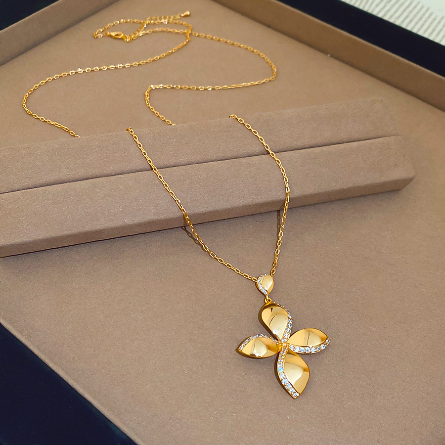 18K real gold plated silver needle zircon flower earrings necklace, light luxury niche collarbone chain, European and American metal style jewelry - view 8