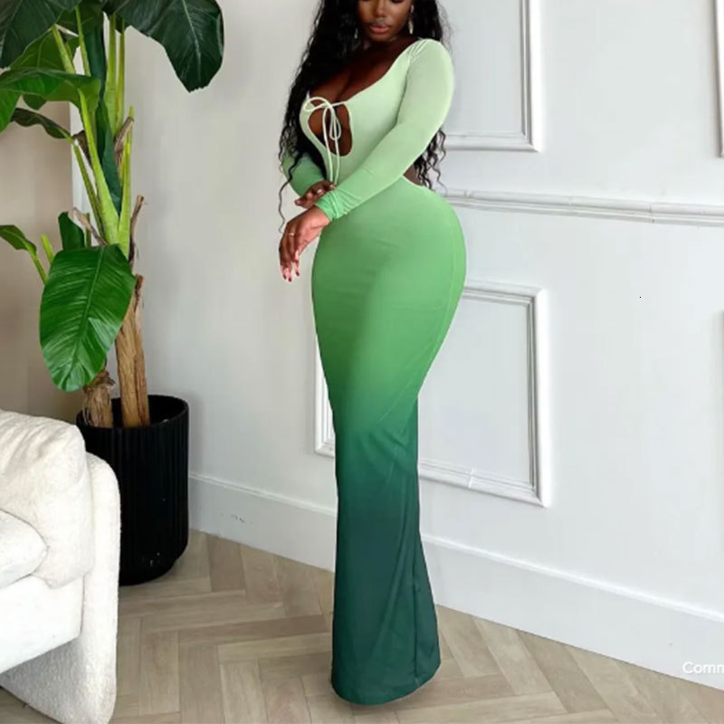 Womens Sexy Deep V Dress Gradient Slim Fit ChestExposing Backless Long Bodycon 250616