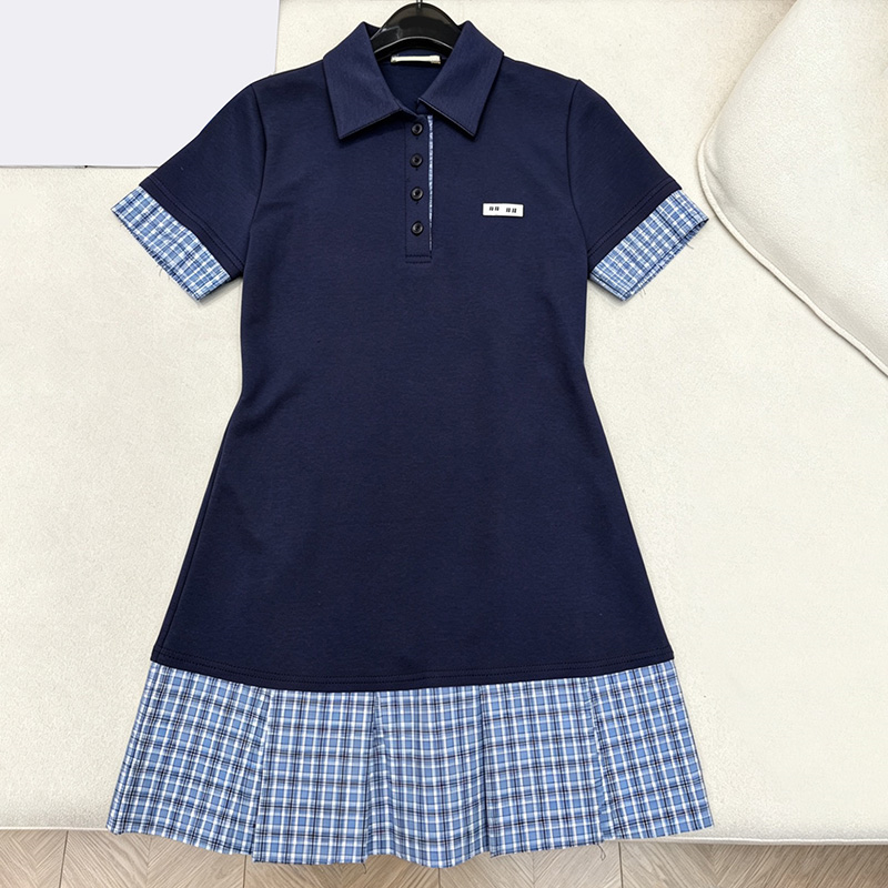Designer Plaid Patchwork Polo Dress Women Preppy Style Short Sleeve Dresses Summer Casual Vacation Slim Fit Dress