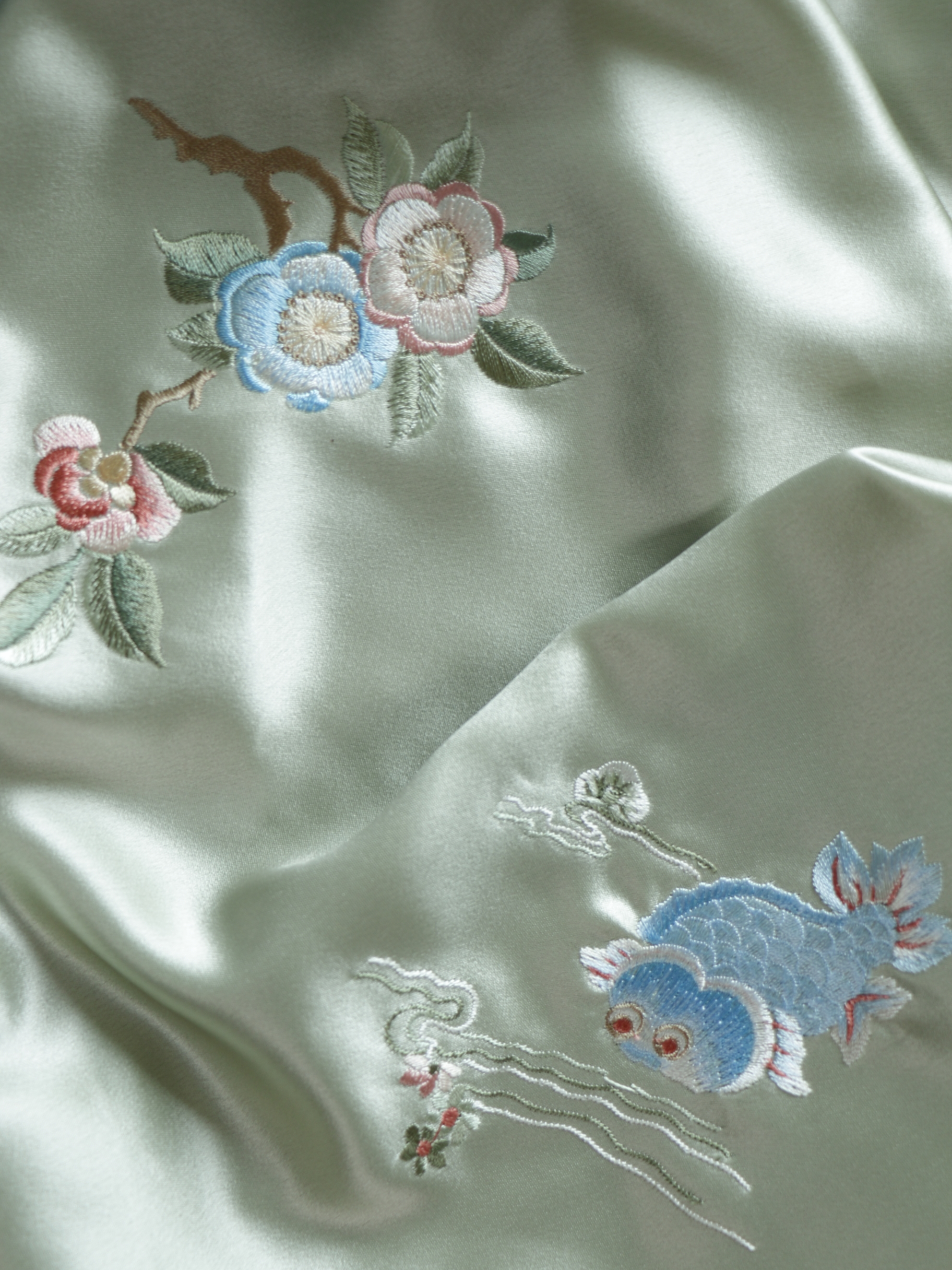 Retro Original Pattern, Skin-Friendly & Soft, Golden Fortune & Jade Peony Embroidered Acetate Satin, Chinese Style Fabric
