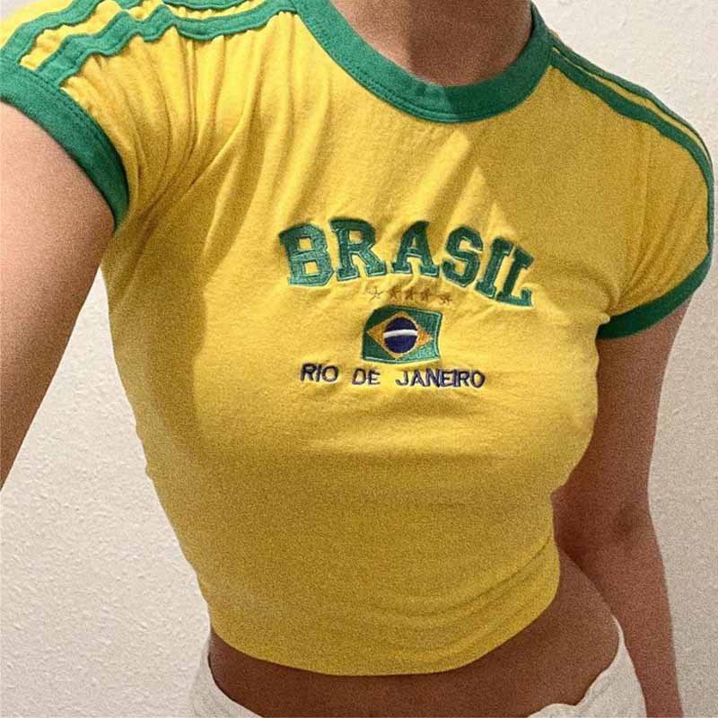 Women's Brazil Brasil Flag Crop Top Green Y2K Short Sleeve Fitted T-Shirt