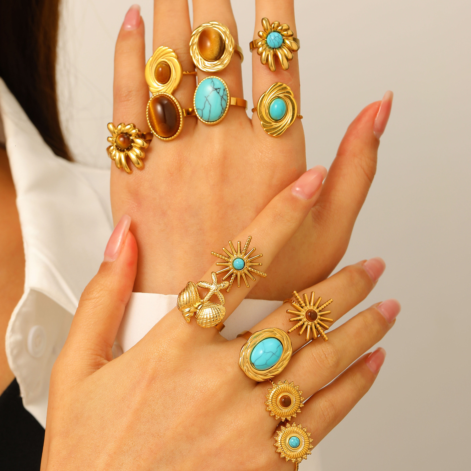 Designer European and American Cross-Border Retro Exaggerated Turquoise Stainless Steel Ring for Women, High-End Ins Style Irregular Open Ring