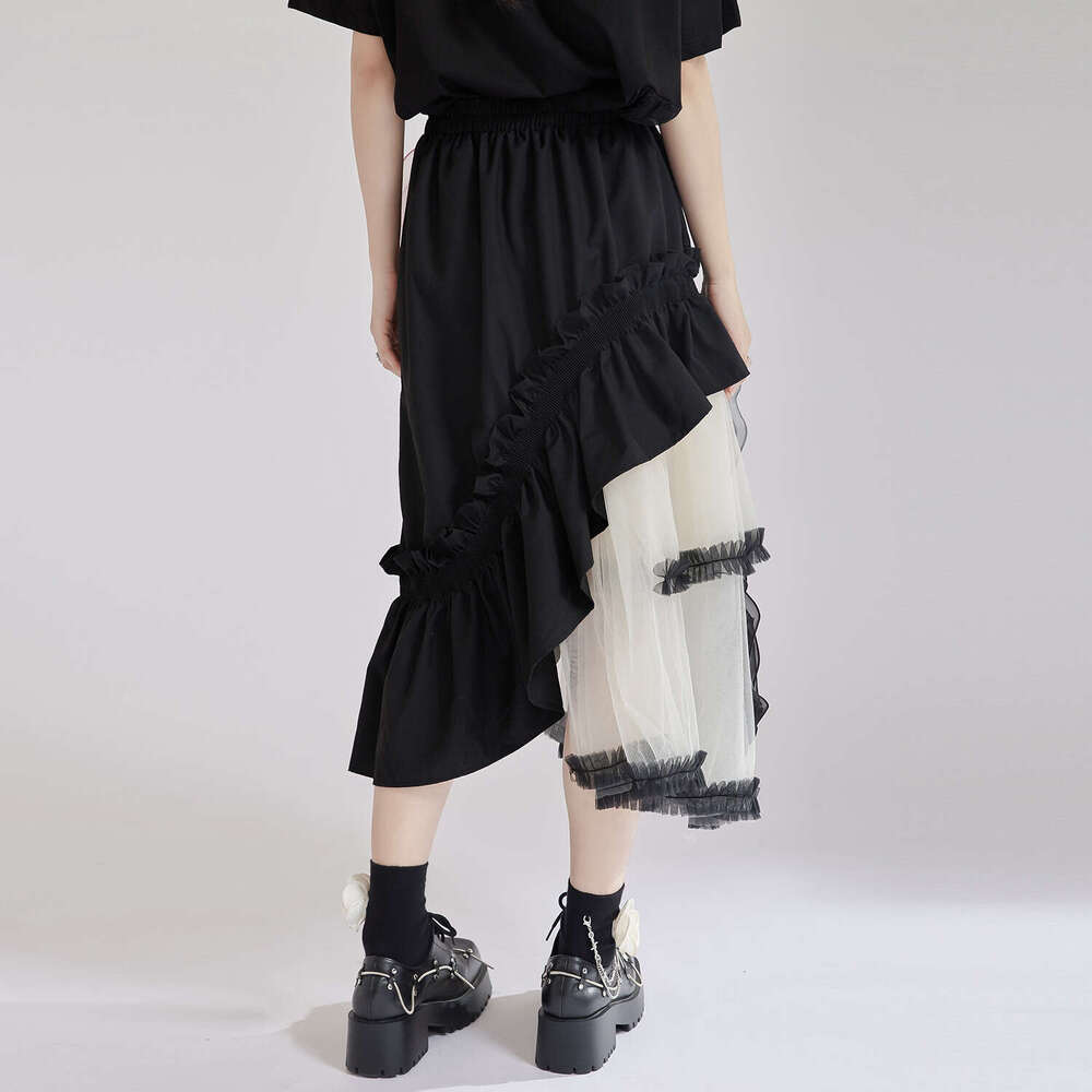 Niche Designer Luxury French Retro Women Midi Skirt, Irregular Mesh Patchwork Puffy Dress, Big Rose Print Elegant Party Casual Streetwear MAKOUFEI
