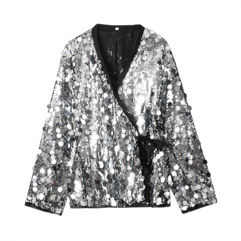 Fashion Sequins Womens Lace Up Coat Glitter Street Vneck Female Jacket Long Sleeve Loose Autumn Holiday Party Lady Tops 250828