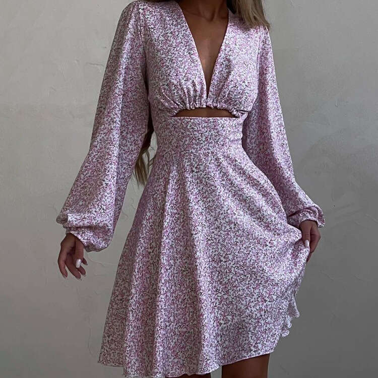 Summer New Foreign Trade Women French Printed Dress, Long Sleeve V Neck Slim Fit Elegant Casual Daily Party Office Midi Dress MAKOUFEI