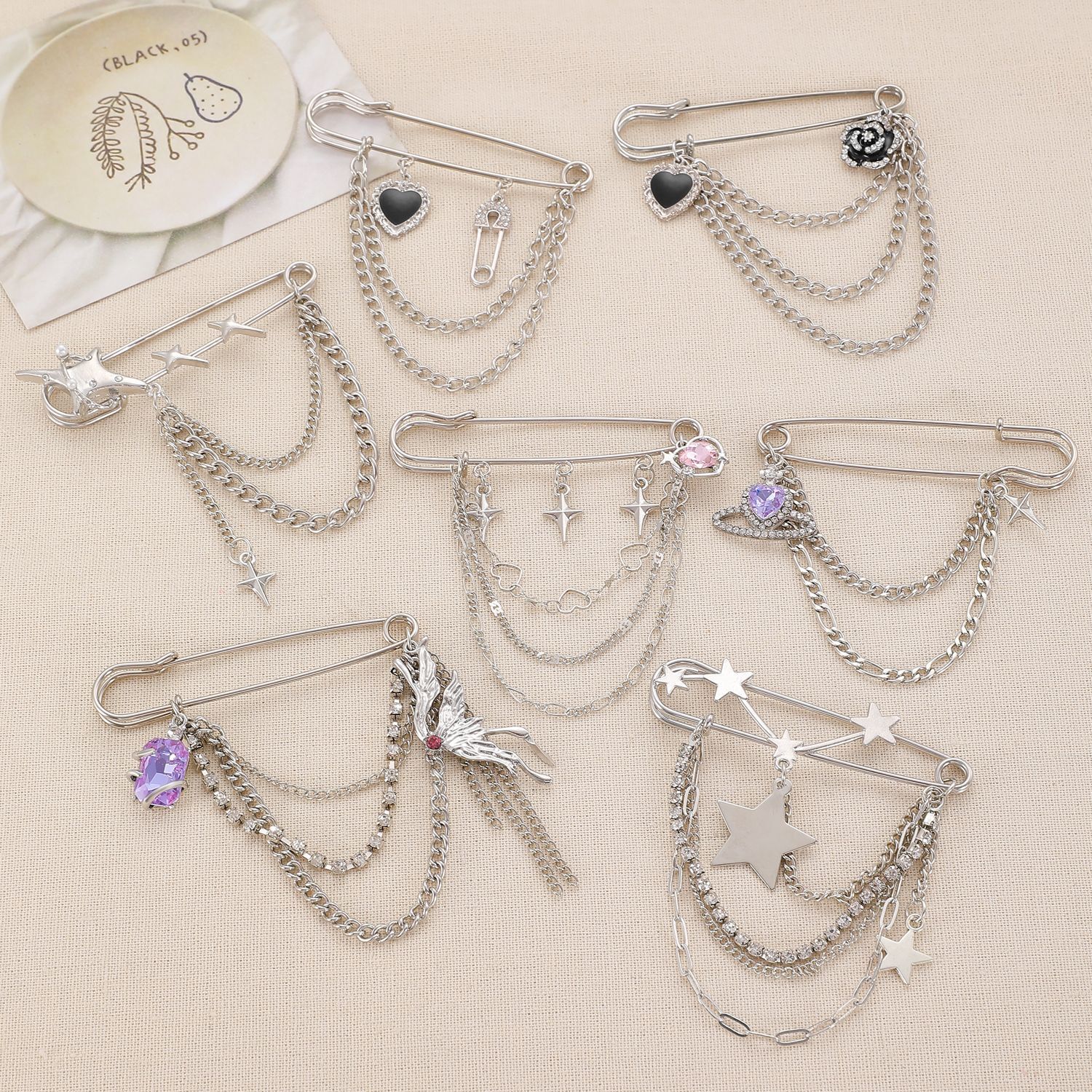 Designer minimalist jewelry: paperclip chain brooch, punk hip-hop heart pin, tassel accessory for suits, for men and women