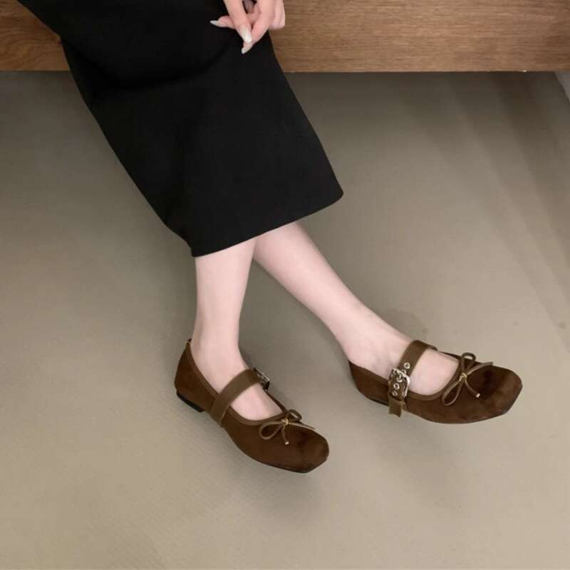 Internet Celebrity Square Toe Women's Autumn New Flat Bowknot Single Ballet Silver Belt Buckle Mary Jane Shoes