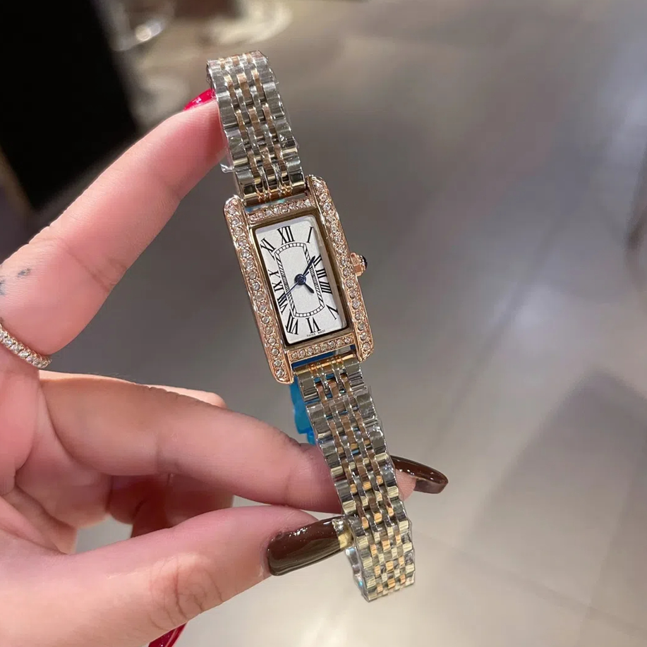 Luxury Gold Ladies TANK Brand Watch Fashion Square With Diamonds Simple Women Quartz Watches Stainless Steel Strap Dress Clock