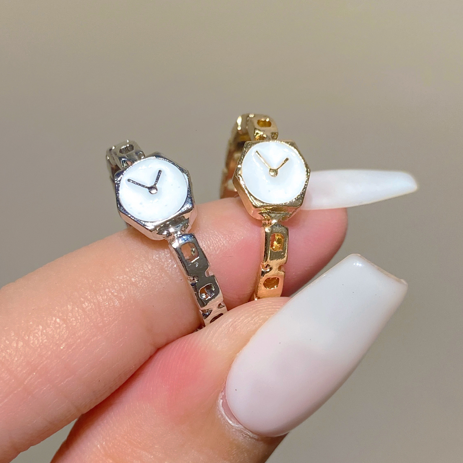 Designer Reverse Clock~ Minimalist Design Watch Band Ring for Women, Adjustable Open Thin Dripping Glaze Index Finger Ring with Chain