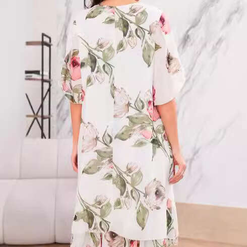 New European American Women Casual Chiffon Printed Dress, High End Loose Fit Round Neck Elegant Party Office Daily Midi Dress MAKOUFEI