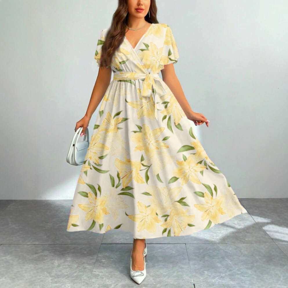Niche Designer Luxury New Arrival Women V Neck Printed Short Sleeve Dress, Casual Vacation Loose Elegant Dress, All Colors Sizes In StockMAKOUFEI