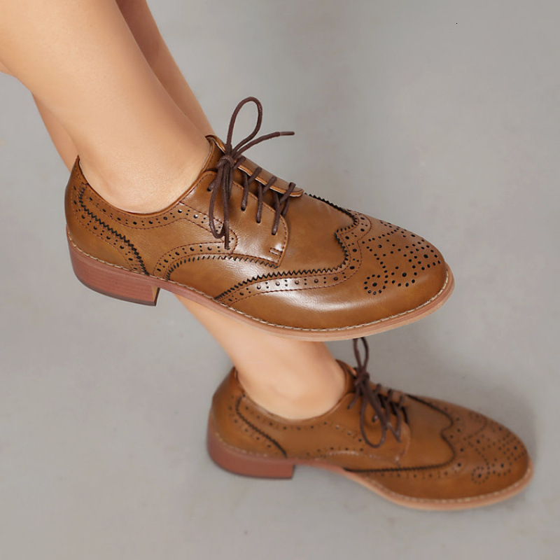 Soft Leather Brown Oxford Shoes Womens Brogue Derby Lace Casual Shoes Sports Shoes Work Party 241106