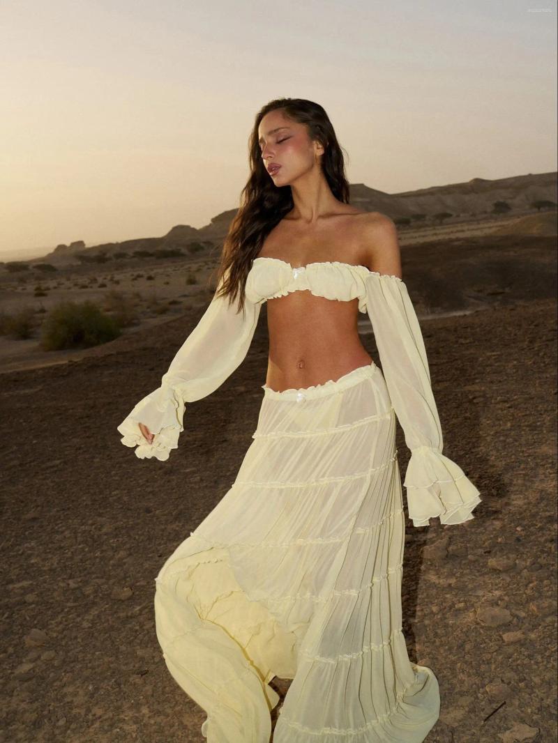 Casual Dresses Ruffle Beach Cover Up Women Bandage Long Sleeve Dress High Waist Ups Summer Beachwear Clothing