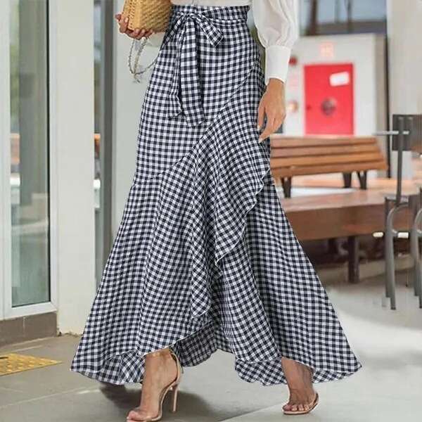 New European American Women Plaid Mermaid Skirt, High Waist Ruffled Irregular Hem, Ruffle Trim Umbrella Wrap Casual Elegant Long Maxi Skirt MAKOUFEI