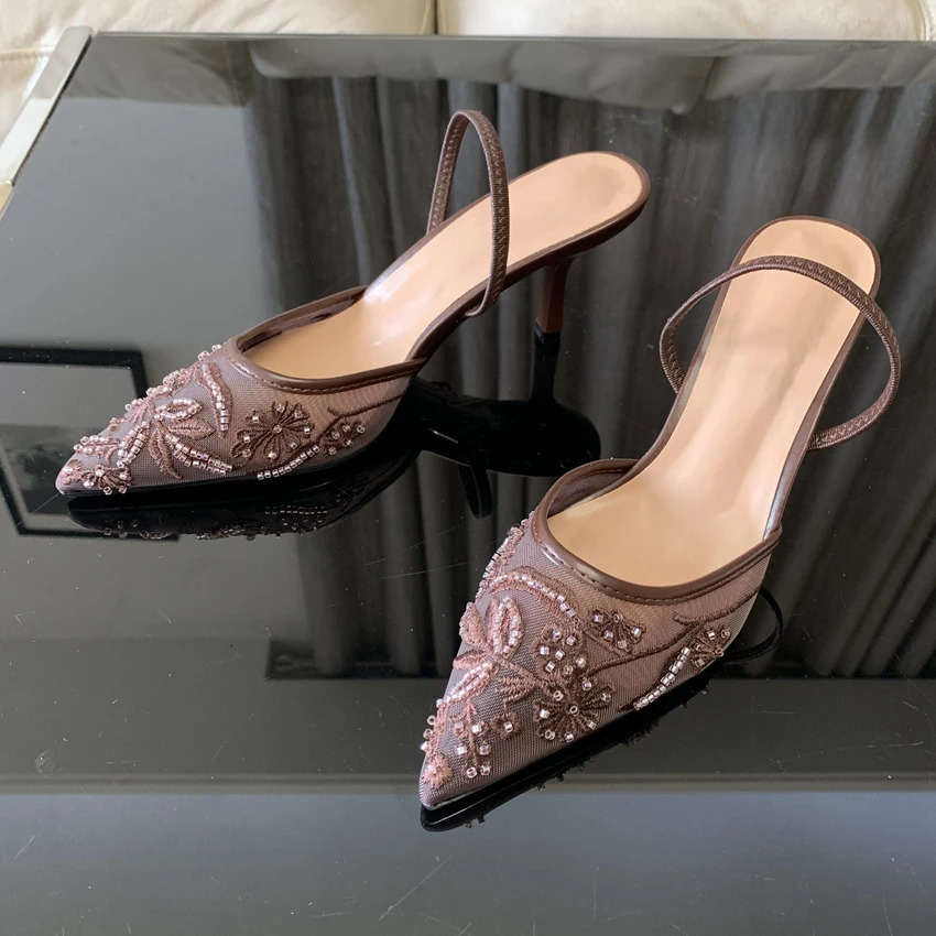 Summer Pointed Toe Mesh Embroider High Heels for ladies Elegant String Bead pumps Sexy y ner Shoe Brown Heeled Sandals 260428