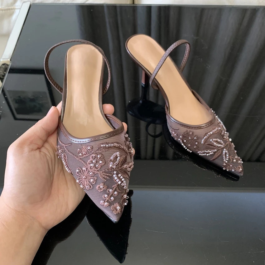 Summer Pointed Toe Mesh Embroider High Heels for ladies Elegant String Bead pumps Sexy y ner Shoe Brown Heeled Sandals 260428