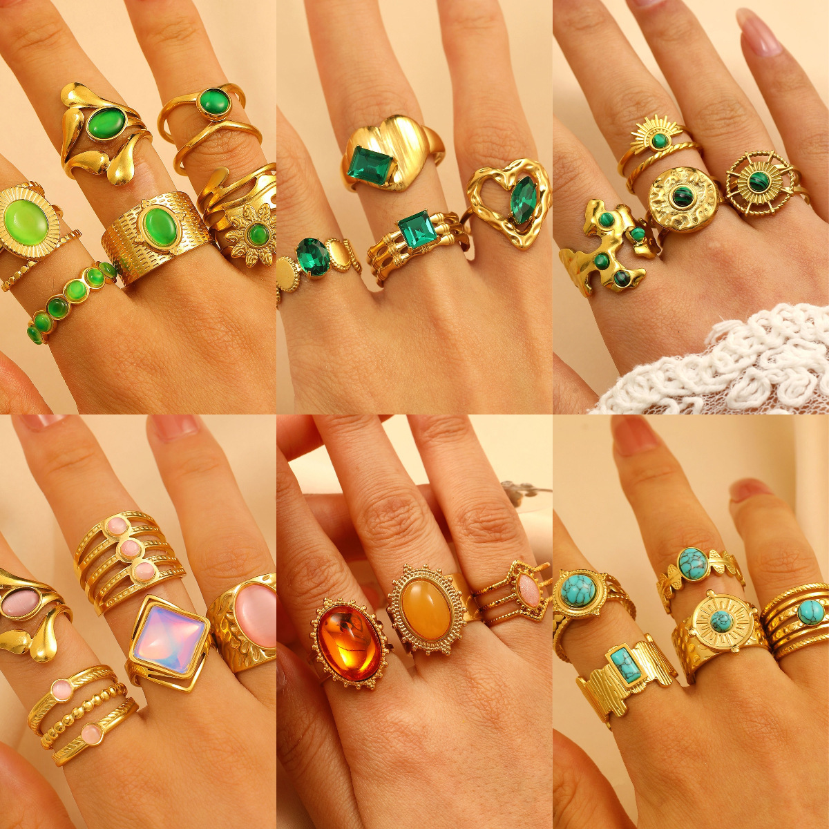 Designer European and American Cross-Border Retro Exaggerated Turquoise Stainless Steel Ring for Women, High-End Ins Style Irregular Open Ring