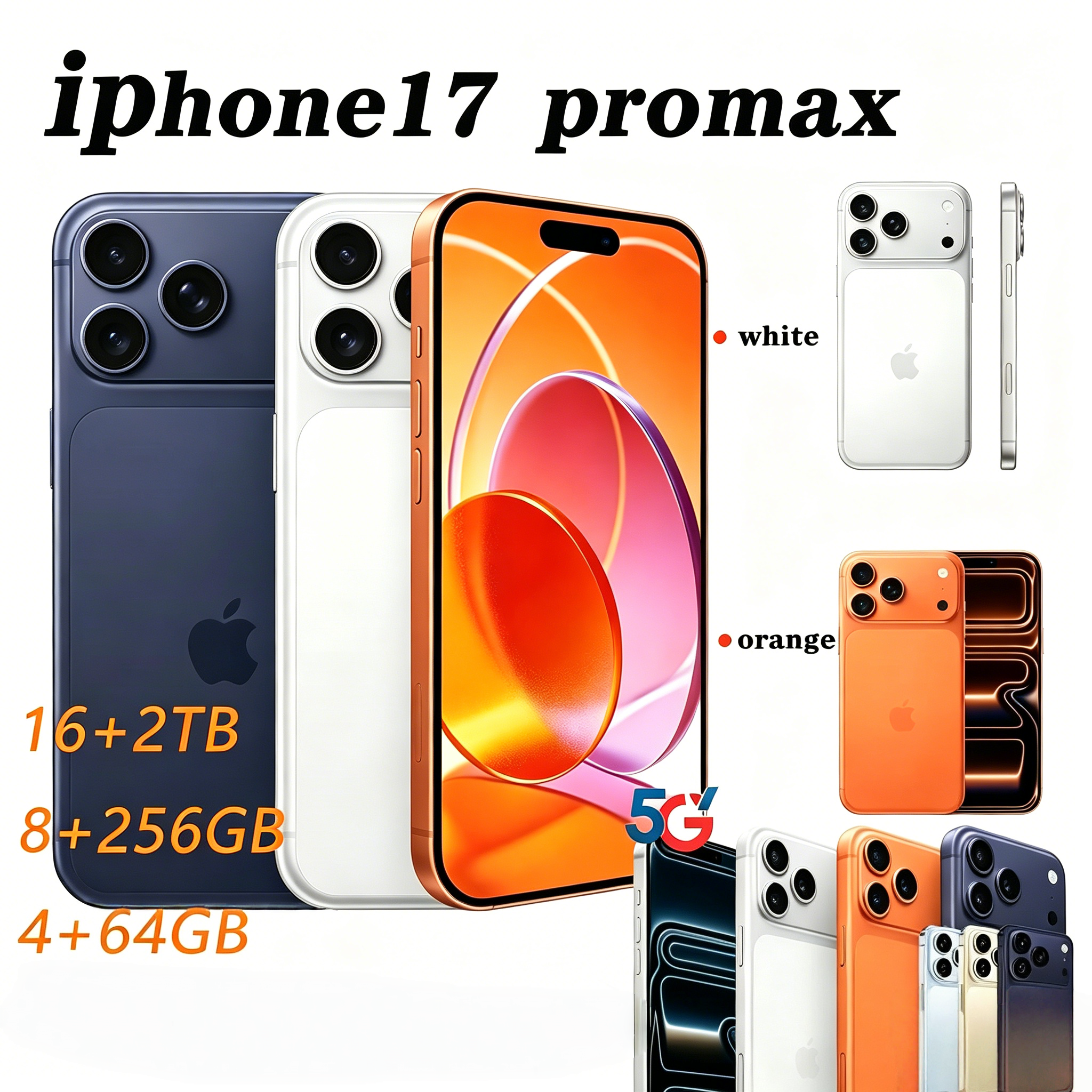 i17 Pro Max 5G Smartphone 16GB+1TB 2TB Expansion 6.9 Inch HD Display Unlocked Android Dual SIM Face Unlock 108MP Camera Orange Cell Phone