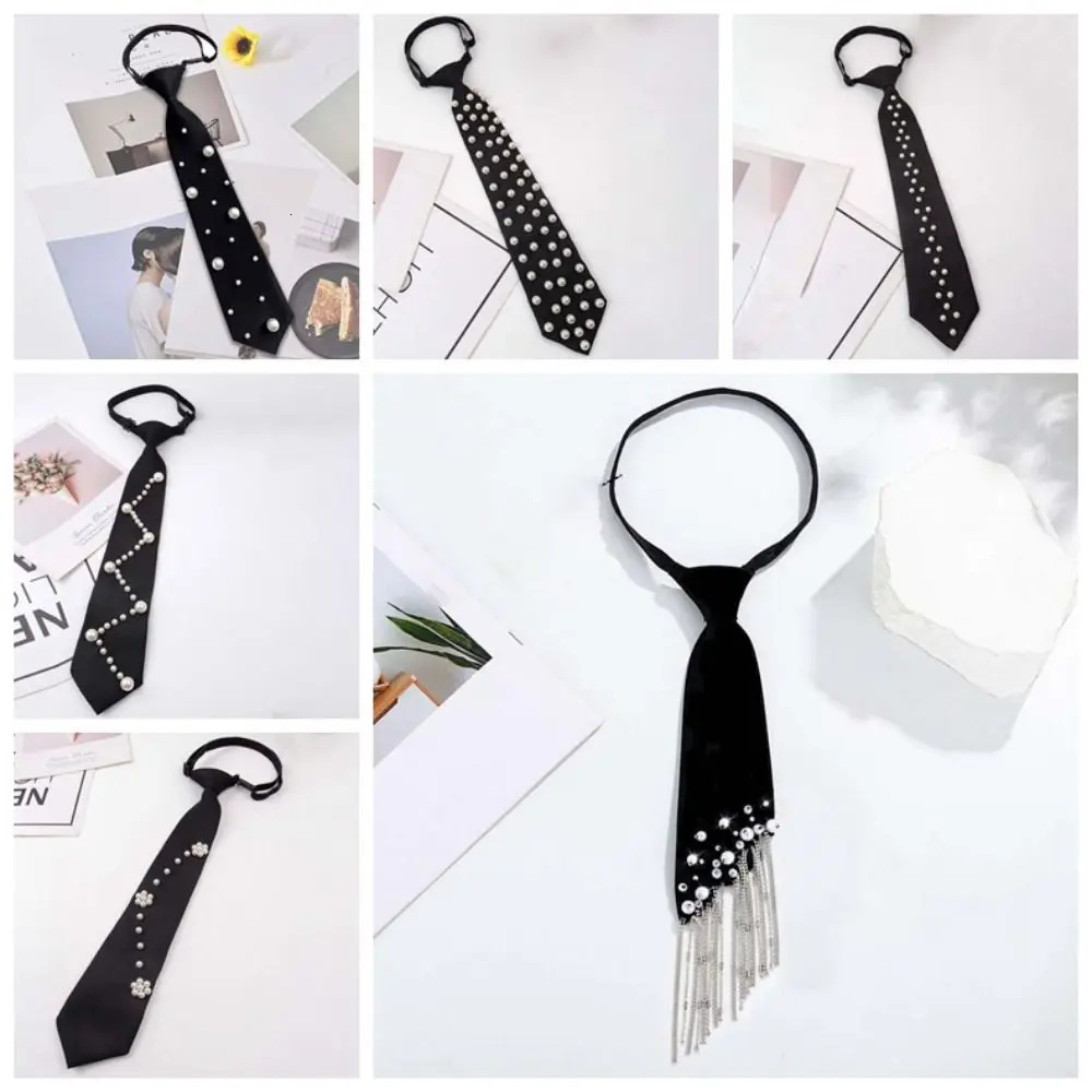 Temperament Korean Style Pearls Tie Tassels Black Handbeaded Long Necktie Collares Necklace Decoration Shirt Students 260428