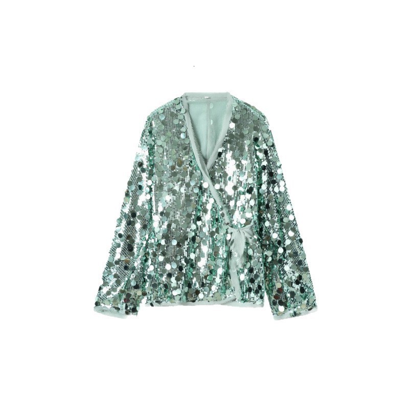 Fashion Sequins Womens Lace Up Coat Glitter Street Vneck Female Jacket Long Sleeve Loose Autumn Holiday Party Lady Tops 250828