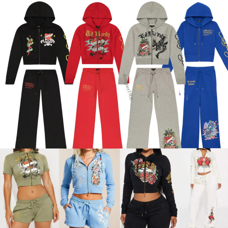 ed hardies designer tracksuits women 2 piece joggers 2-piece letter printed sportswear hoodie zipperand sweatpants set print short sleeve high street 