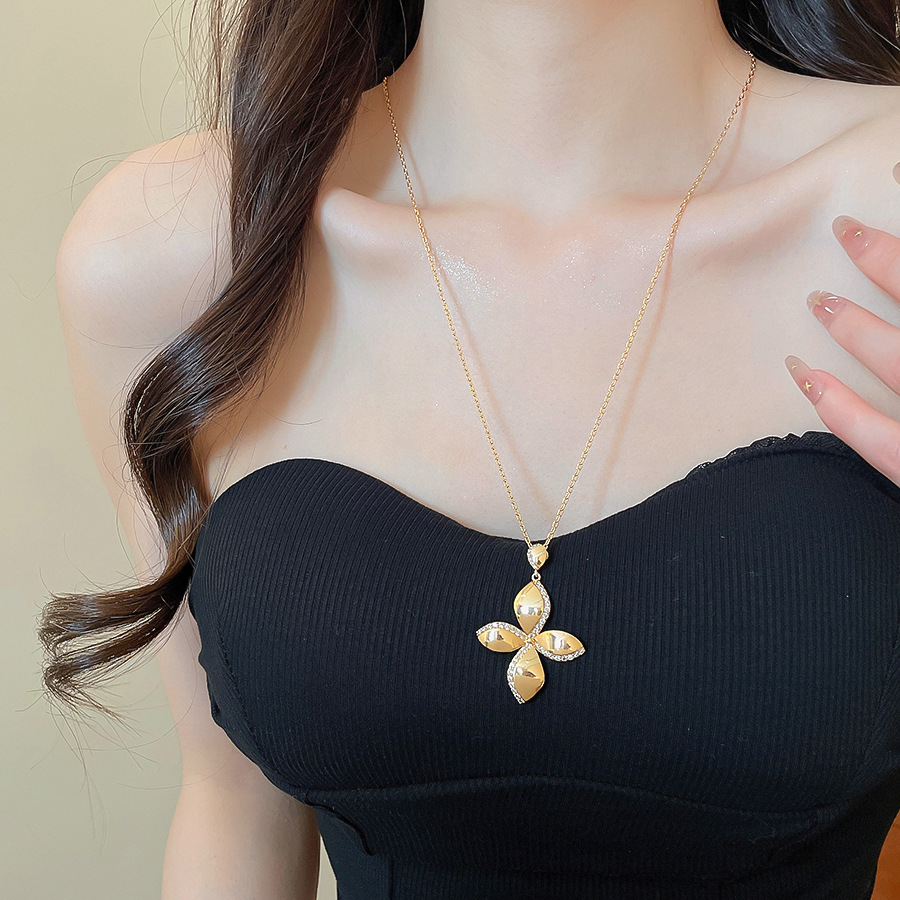 18K real gold plated silver needle zircon flower earrings necklace, light luxury niche collarbone chain, European and American metal style jewelry - view 4