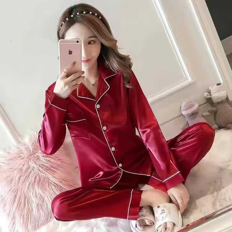Womens 2Piece Solid Silky Pajama Set LongSleeve Buttons Lapel Top And Elastic Long Pants With Contrast Trim And Pockets Pjs1 D251020