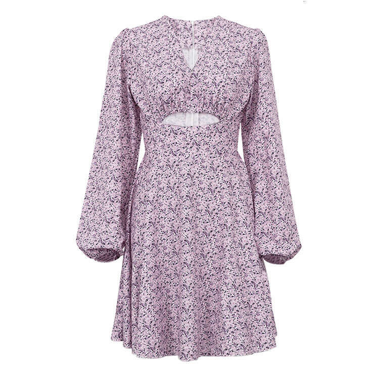 Summer New Foreign Trade Women French Printed Dress, Long Sleeve V Neck Slim Fit Elegant Casual Daily Party Office Midi Dress MAKOUFEI