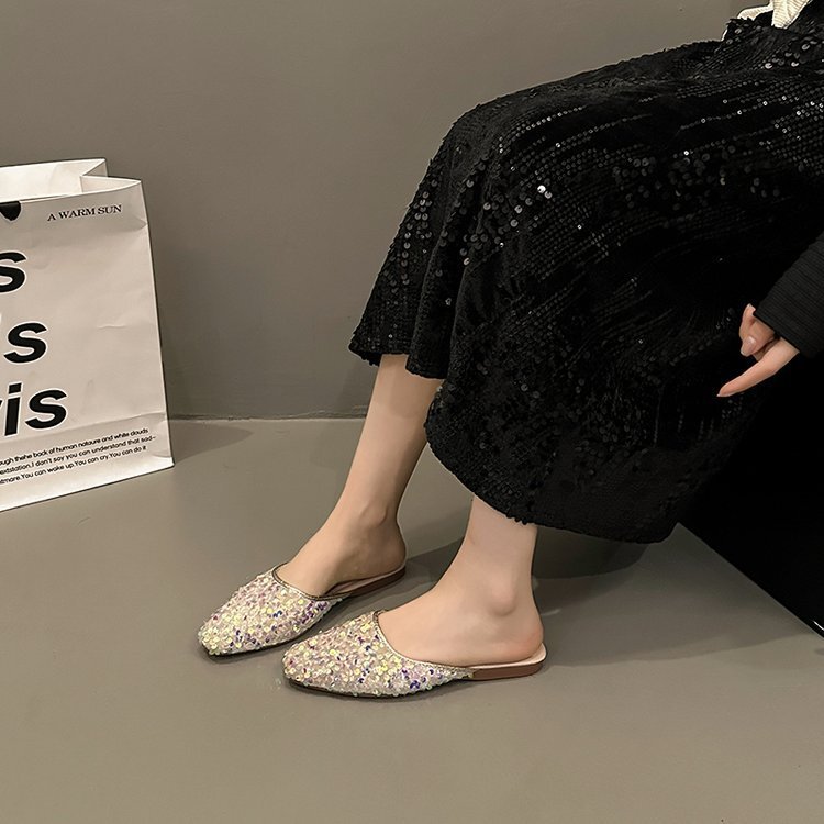 French Style Designer Model High-end Slip-on Sandals Exquisite And Luxurious Women's Single Shoes New Outdoor Style Casual Flat Shoes Sequined Sa
