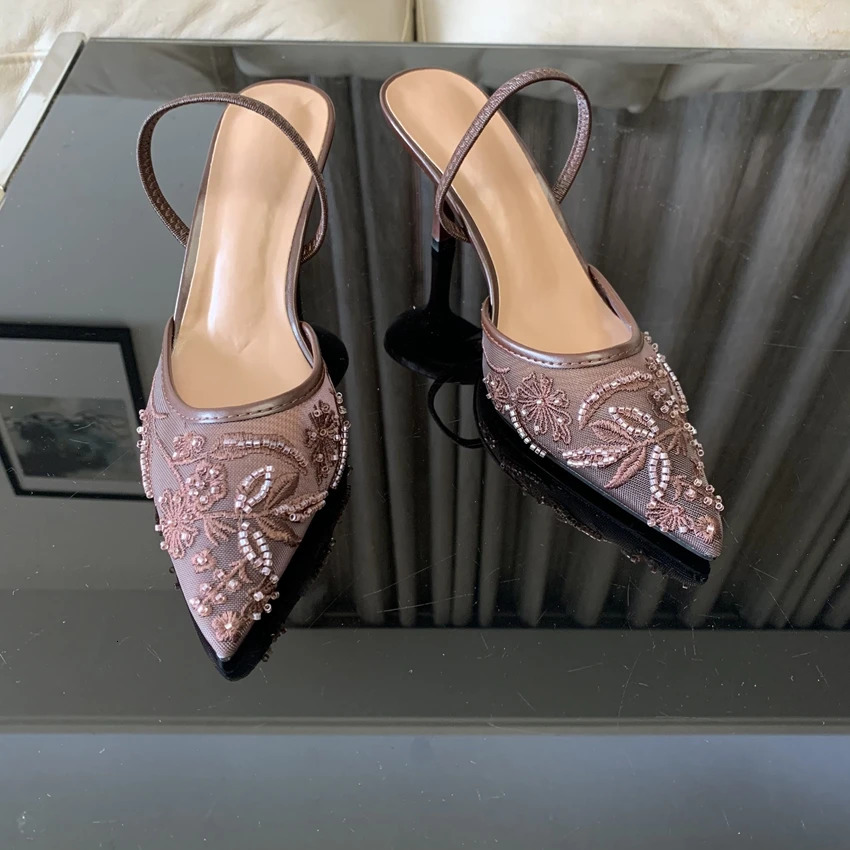 Summer Pointed Toe Mesh Embroider High Heels for ladies Elegant String Bead pumps Sexy y ner Shoe Brown Heeled Sandals 260428