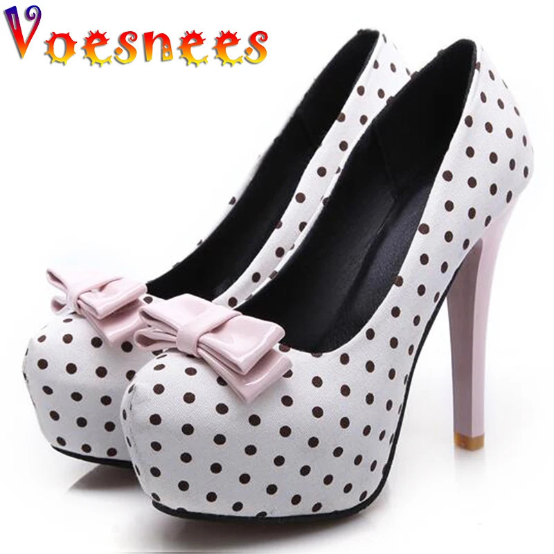 2026 Spring Autumn Womens Pumps Sweet Bow Polka Dot High-Heeled Single Shoes Round Toe Thin Heels Plus Size Women Shoes 260428