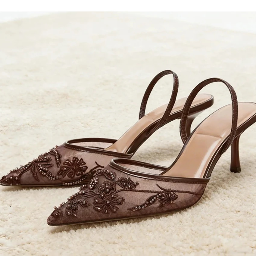 Summer Pointed Toe Mesh Embroider High Heels for ladies Elegant String Bead pumps Sexy y ner Shoe Brown Heeled Sandals 260428